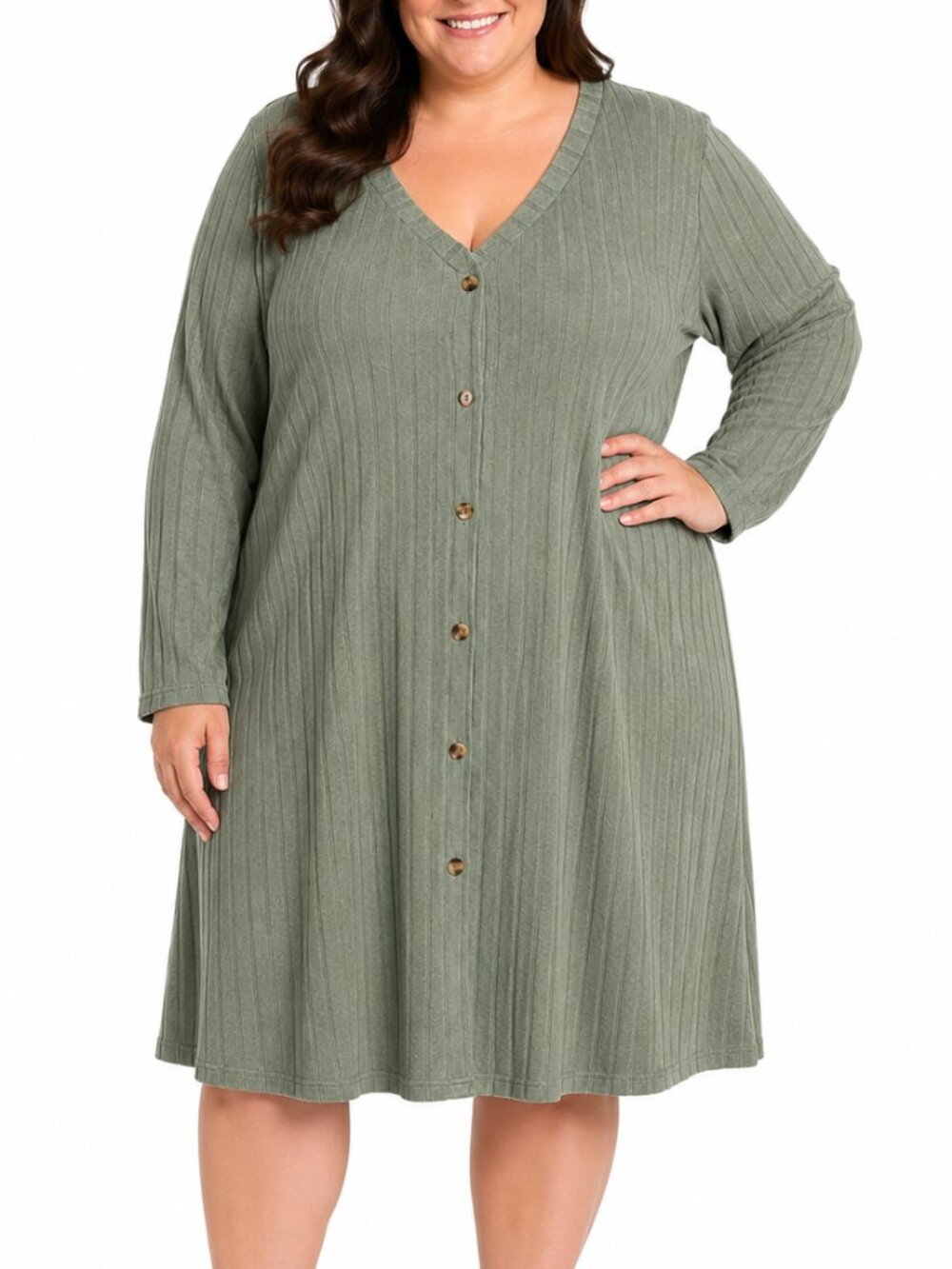Shein Curve 4XL Sage Green Ribbed Button Front Midi Dress Plus Size Lightweight